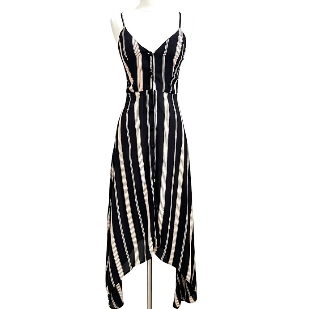 Reformation Black and Cream Striped High-Low Dress